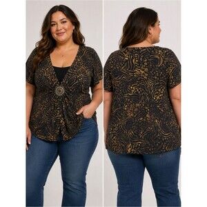 Choices Woman Plus Size 2X Animal Print Leopard Slinky Blouse Top Medallion